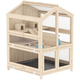 Wooden Hamster Cage, Large 3 Tier Hamster Cage w/ Pull-Out Tray, Openable Top, Hut, Seesaws, 26.8"L x 24.2"W x 35.4"H (Option: Natural Wood-930x660x260 mm)